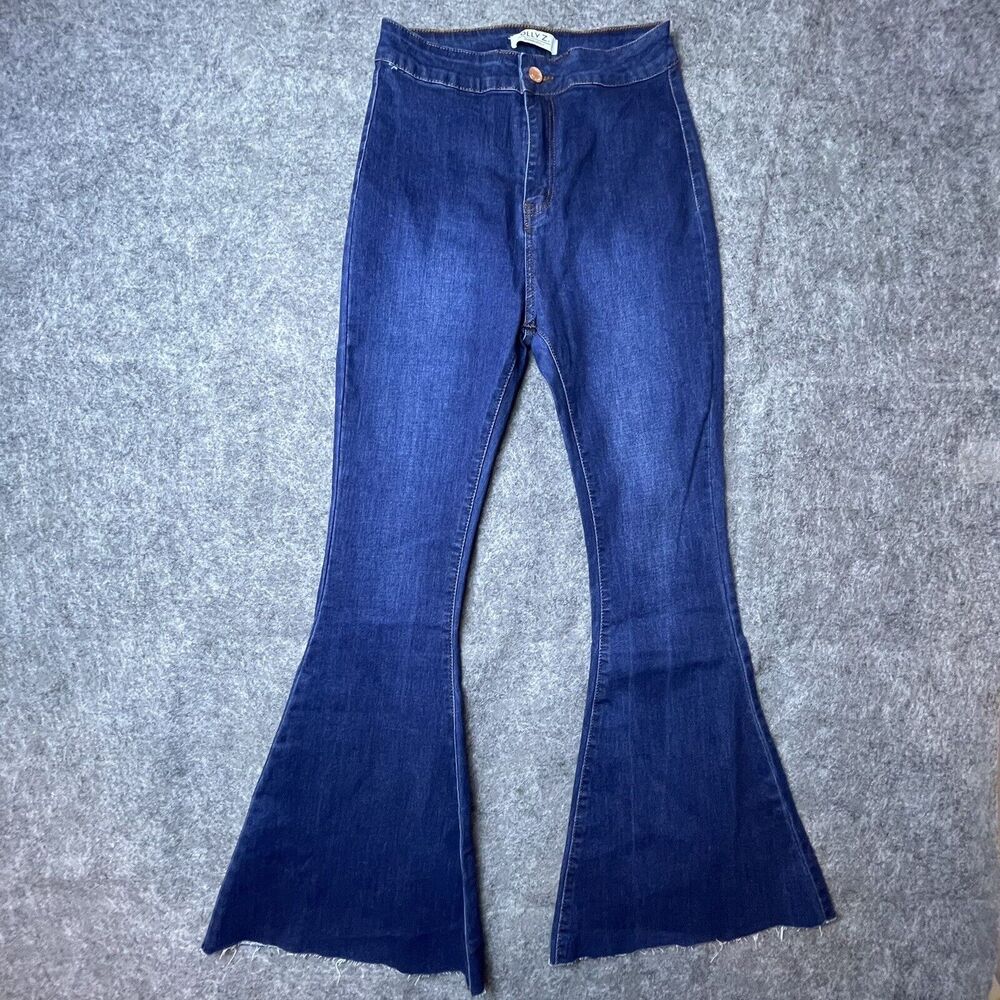Olly Z Jeans Women Medium High Rise Big‎ Flare Dark Raw Hem Italian Retro Hippie